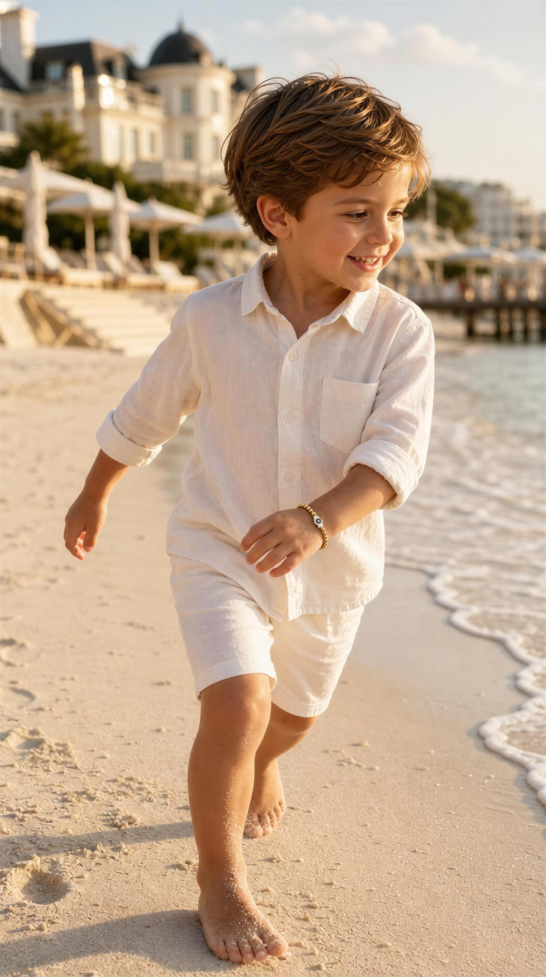 Young boy walking barefoot on the beach wearing a white linen outfit and a bracelet featuring The Little Icon By Xenna Xava – Golden Eye, with gold beads and a protective charm.