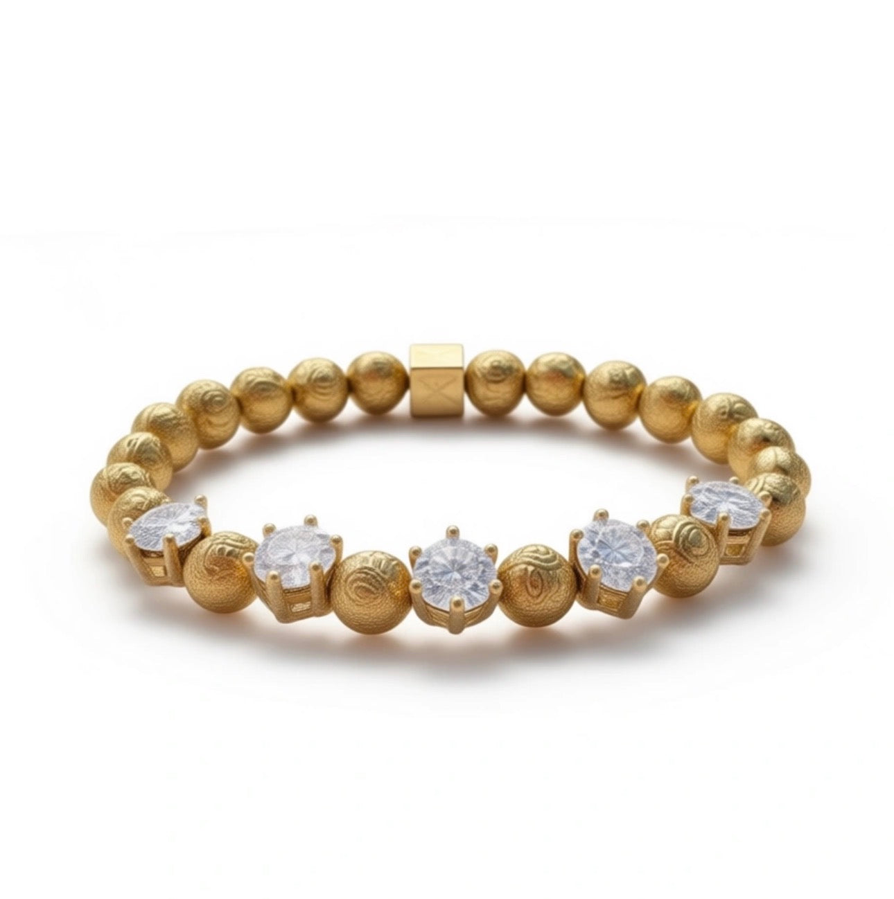 Limited Edition - Aurea Lux bracelet featuring textured gold beads and sparkling clear stones, showcasing handcrafted luxury designer jewelry by Atelier X.