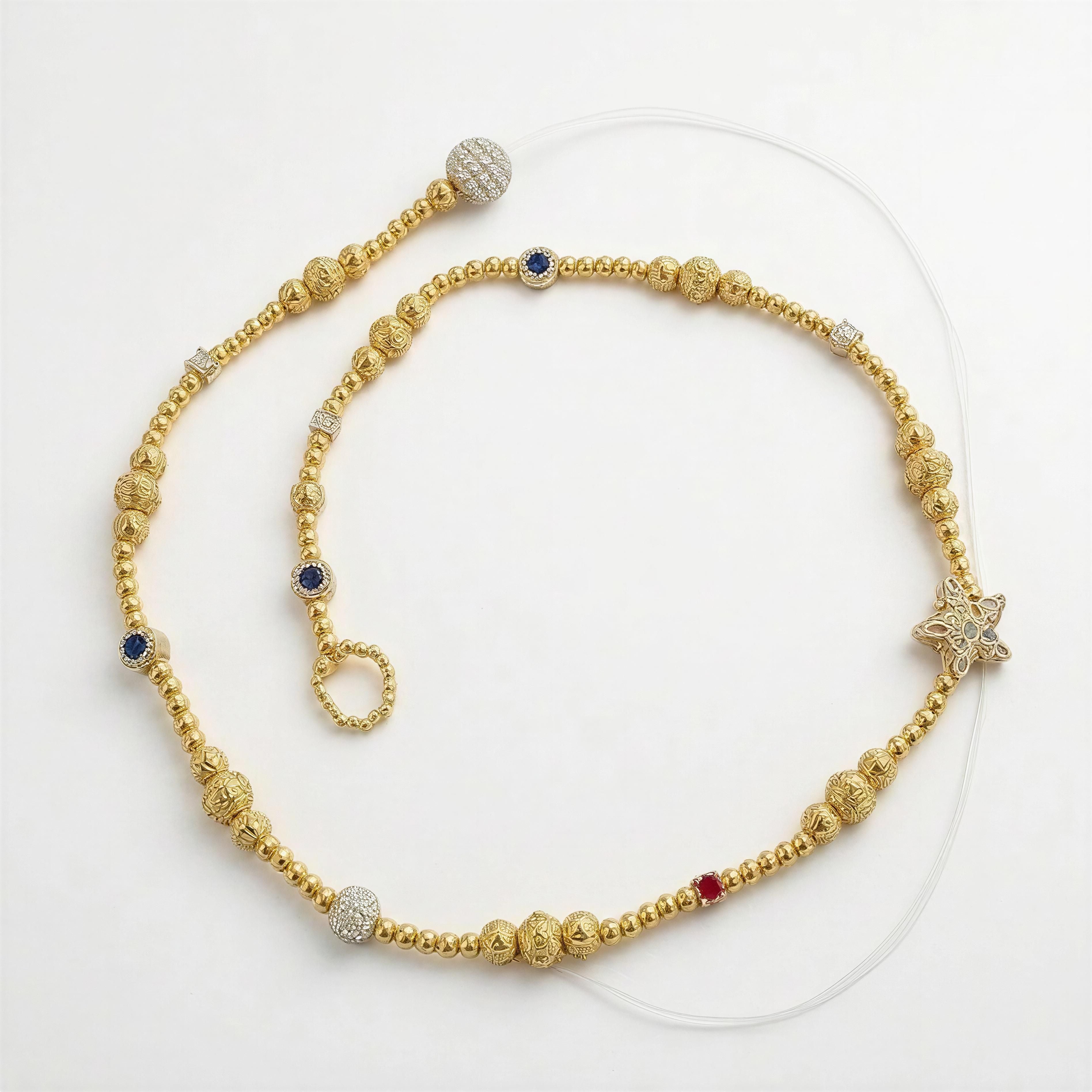 The Rivièra Sunglass Chain - Limited Edition featuring delicately handcrafted gold beads, accented with blue and red stones and intricate star charm, luxury jewelry by atelierX.