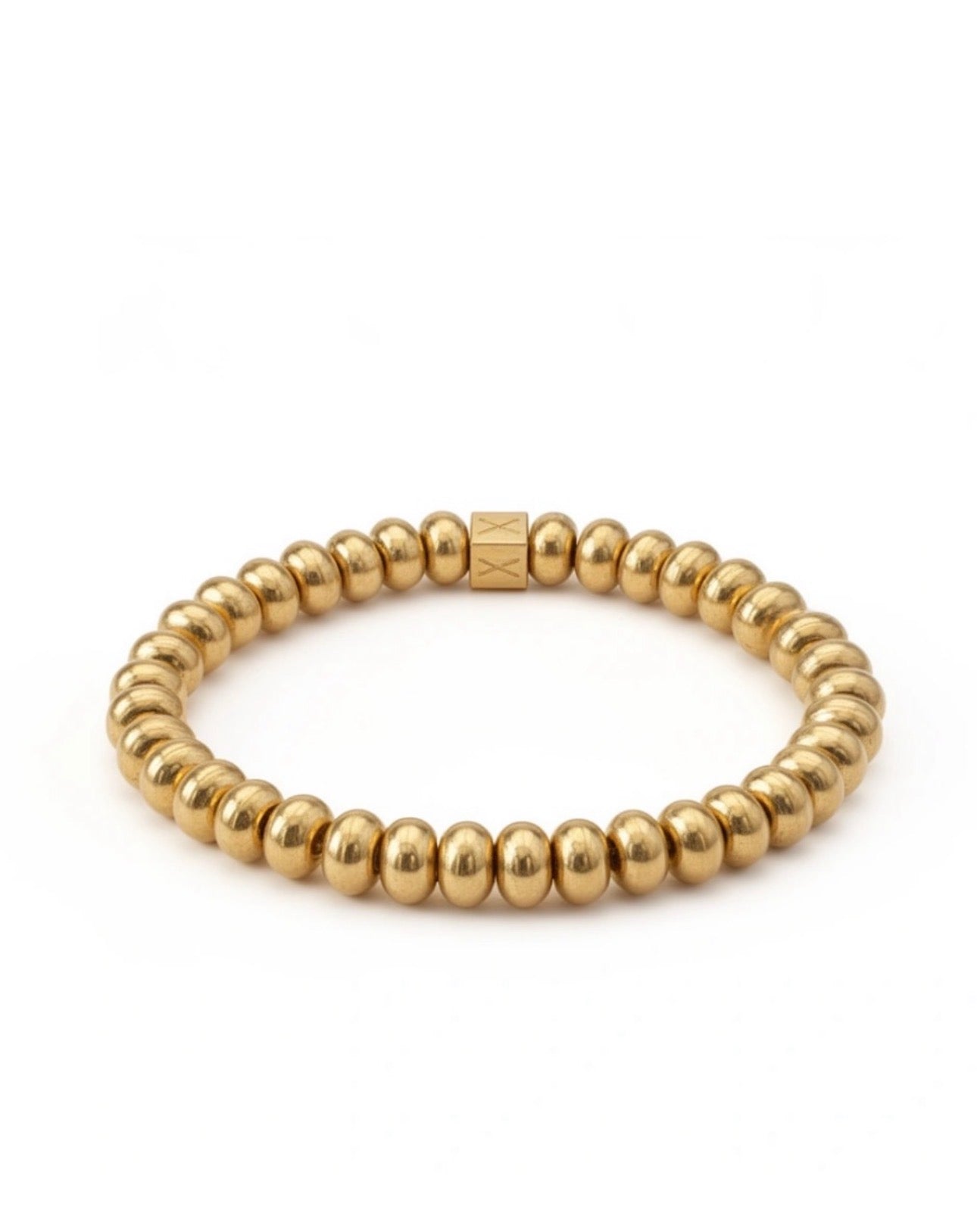 The Essential Collection - 8mm Aurea Ovalis bracelet featuring polished gold beads with a signature gold clasp, embodying luxury handcrafted jewelry by Atelier X.