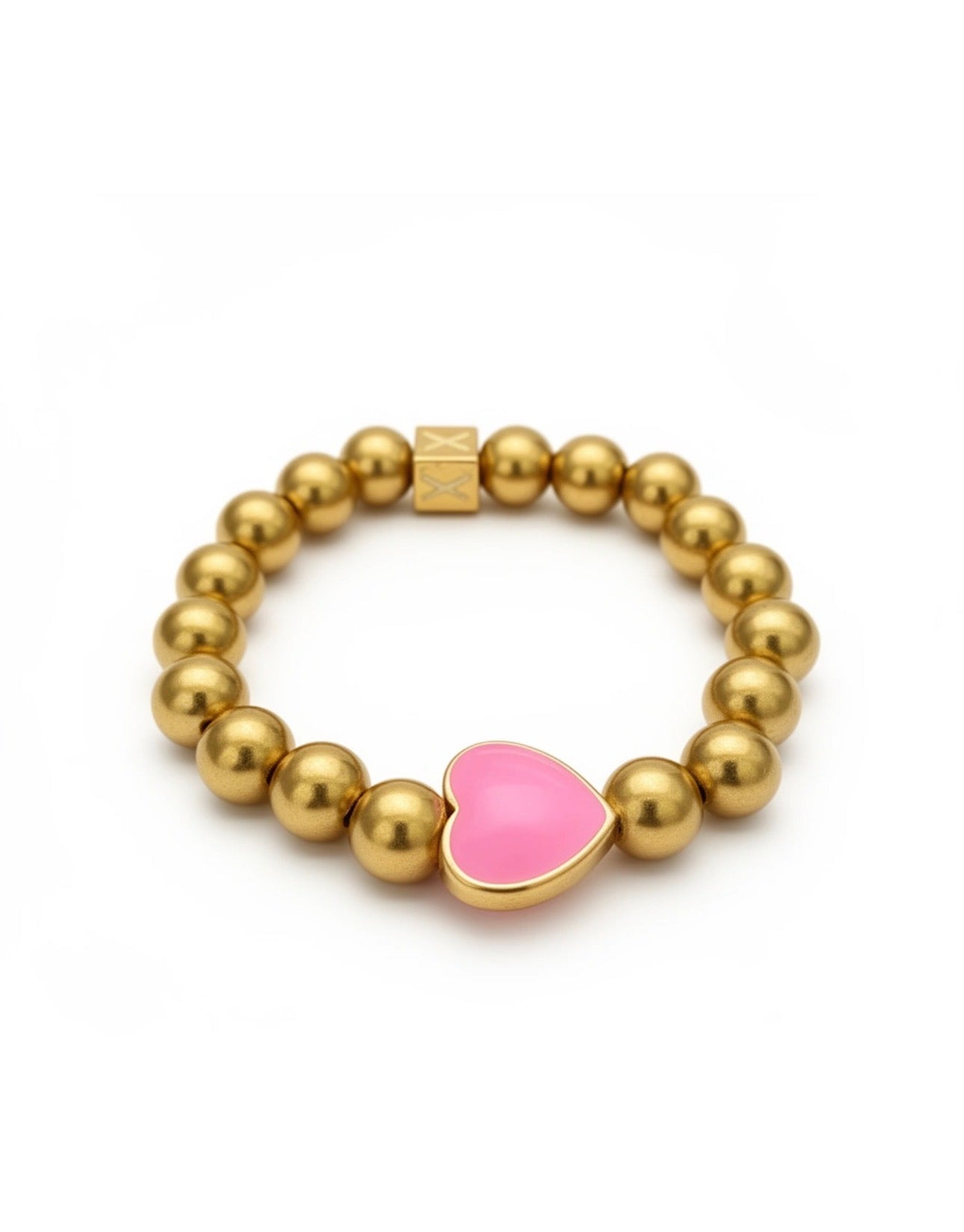 The Little Icons Collection - Pink Little Heart bracelet featuring polished gold beads with a central pink heart charm, showcasing handcrafted luxury jewelry elegance.