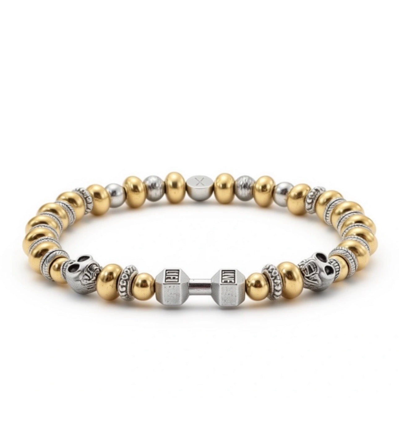 The Iron Legacy Bracelet featuring gold and silver beads with skull accents and a central silver dumbbell charm, showcasing a handcrafted luxury jewelry design.