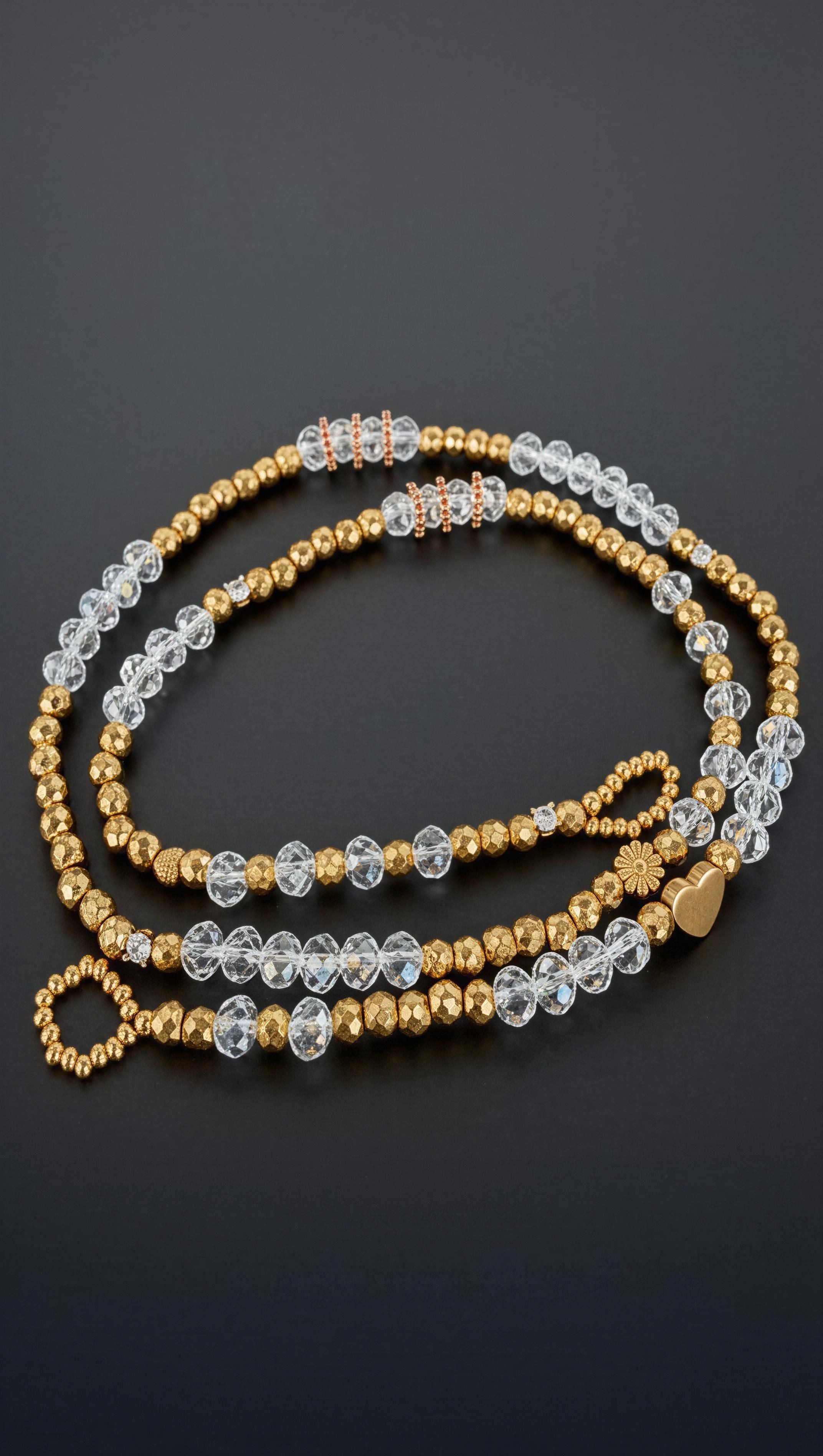 The Riviera Sunglass Chain - Cristalle featuring alternating faceted gold beads and clear crystal beads with delicate rose gold accents, designed as a luxury handcrafted accessory.