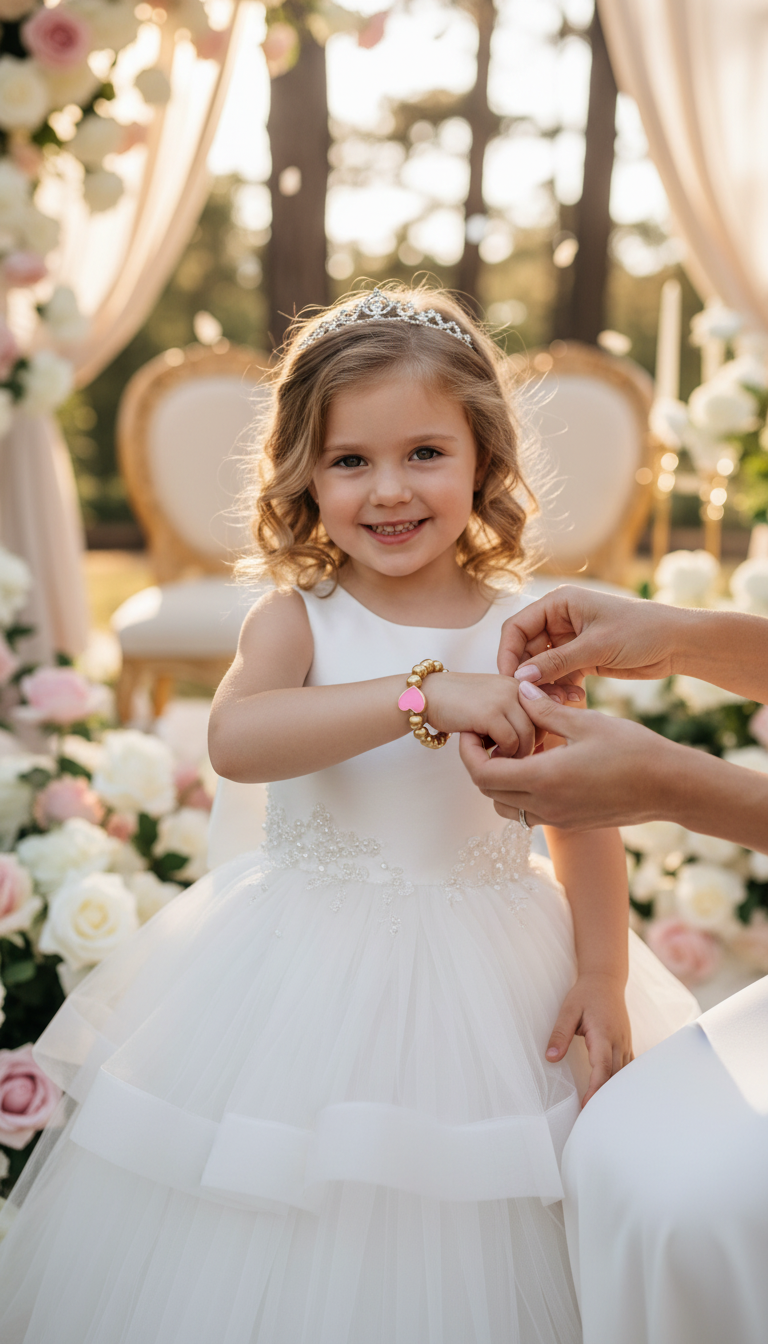 A smiling young girl in a white dress and tiara at an elegant floral event, wearing "The Little Icons Collection - Pink Little Heart" bracelet with gold beads and a pink heart charm.