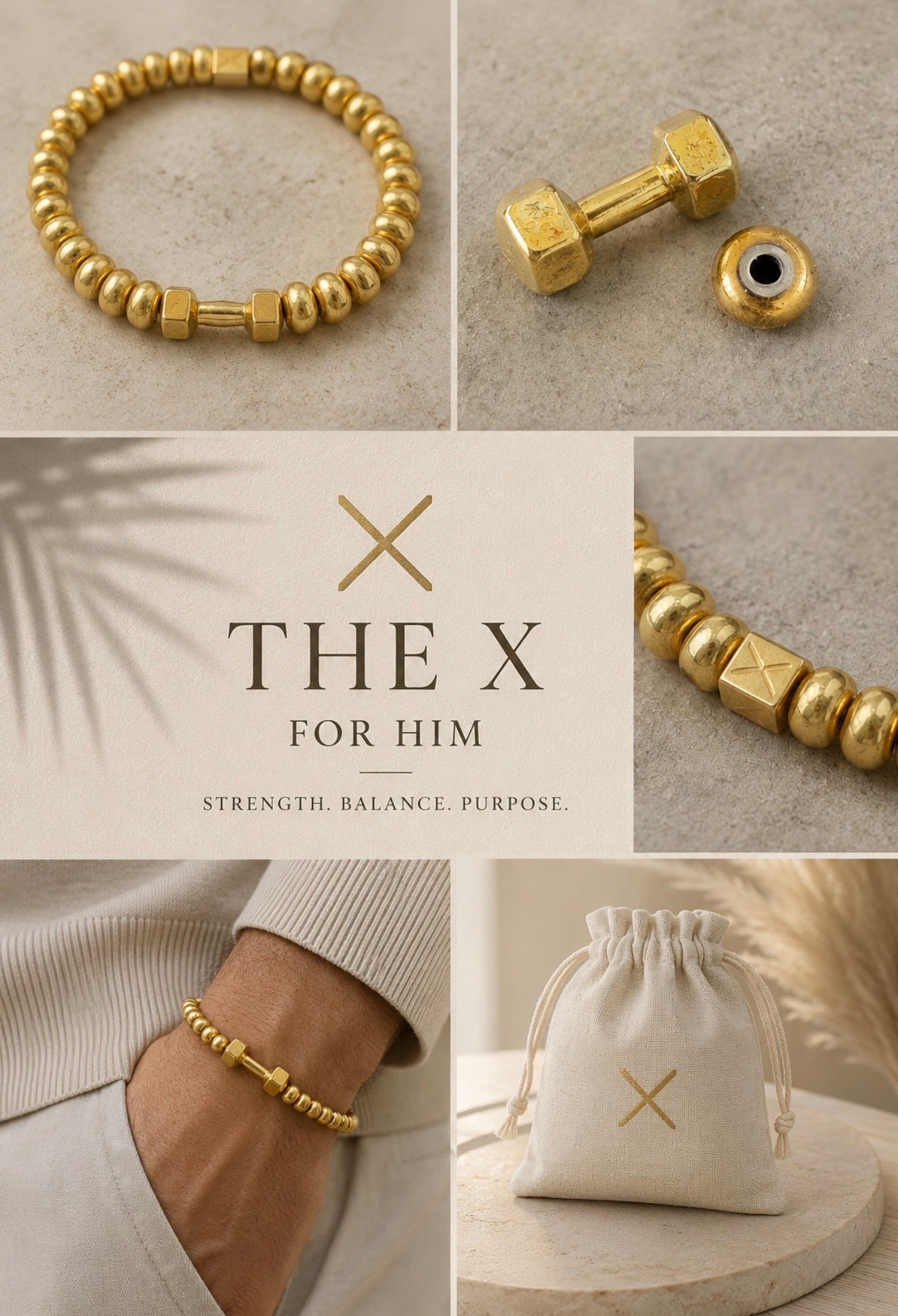 THE X FOR HIM - Golden Strength bracelet featuring gold beads and a hexagonal dumbbell charm, displayed with a branded pouch and worn on a wrist, symbolizing strength and balance.