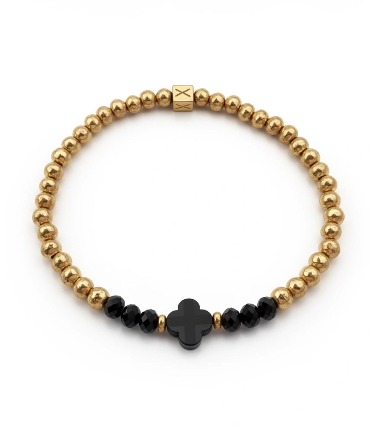 Elegant designer bracelet from The Solea Collection – Aurea Solea Obsidia featuring gold goldleaf beads and a central black clover bead, handcrafted luxury jewelry by atelier x.