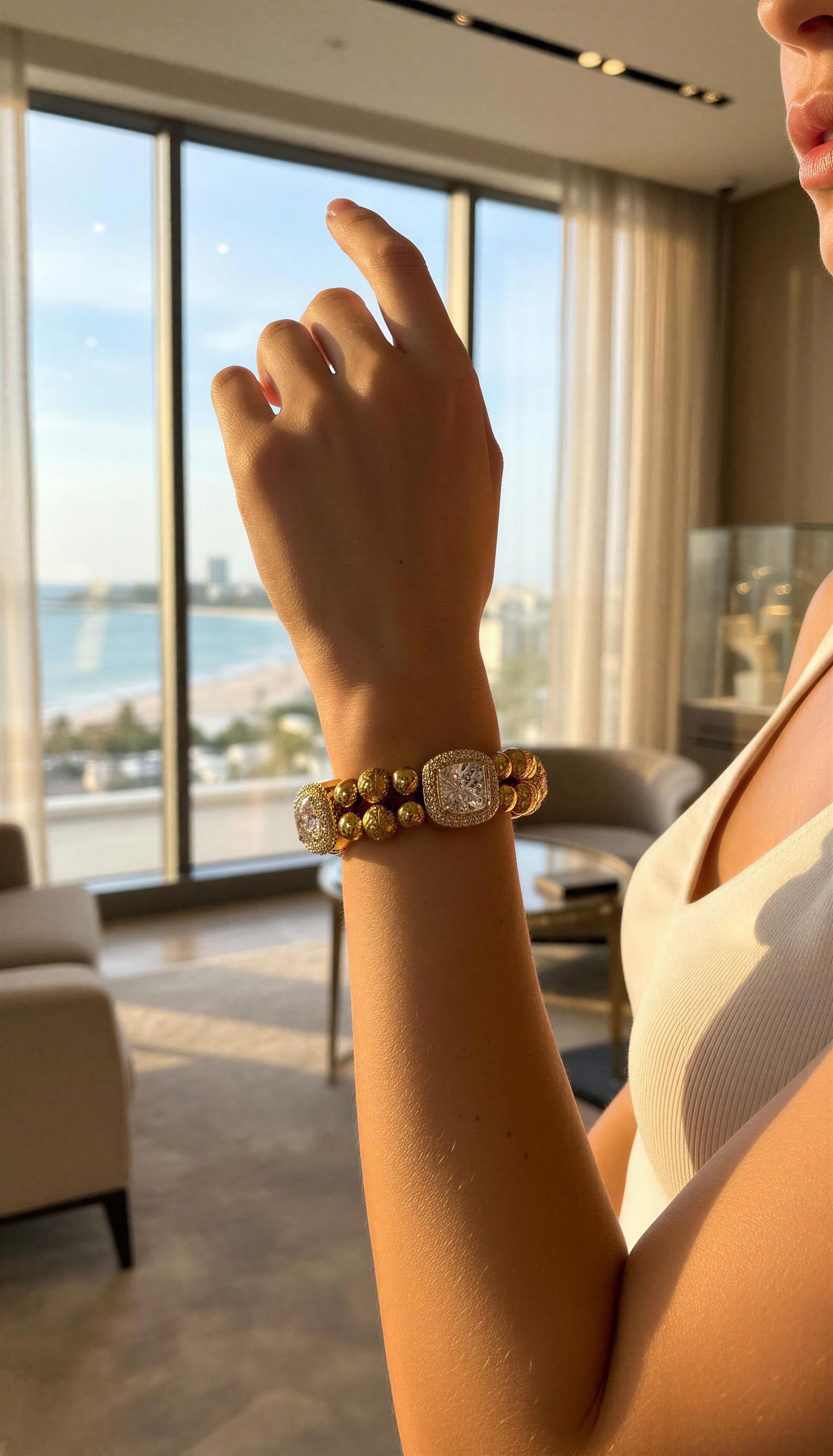 Elegant gold and beaded designer bracelet featuring sparkling gold leaf accents, worn on a wrist with a scenic ocean view in the background, XX ÉLÉGANCE – LIMITED EDITION.
