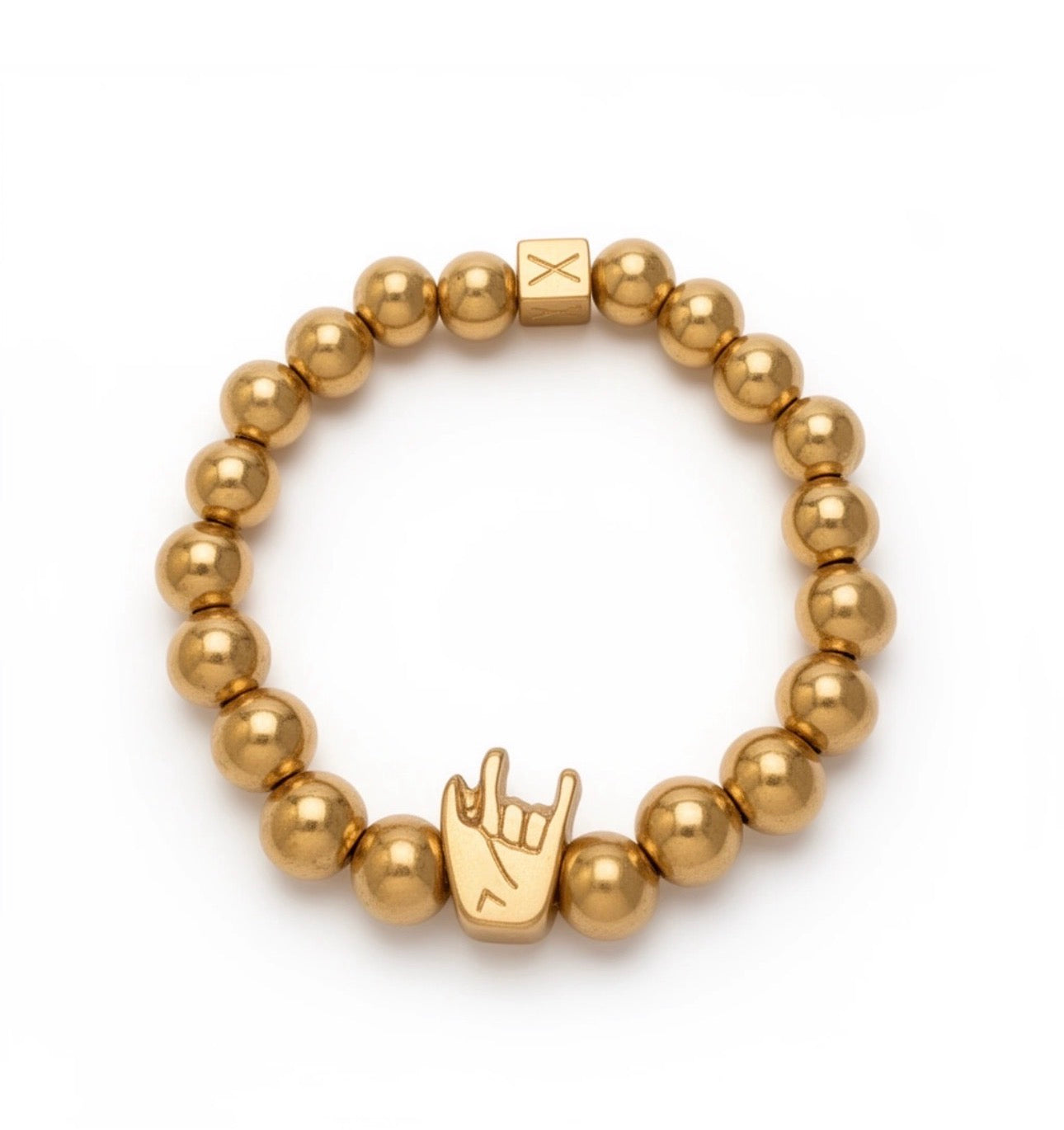 Gold beaded bracelet featuring a raised hand symbol charm and a square bead with an engraved "X", showcasing The Little Icons - Manus Ferox, luxury handcrafted jewelry.
