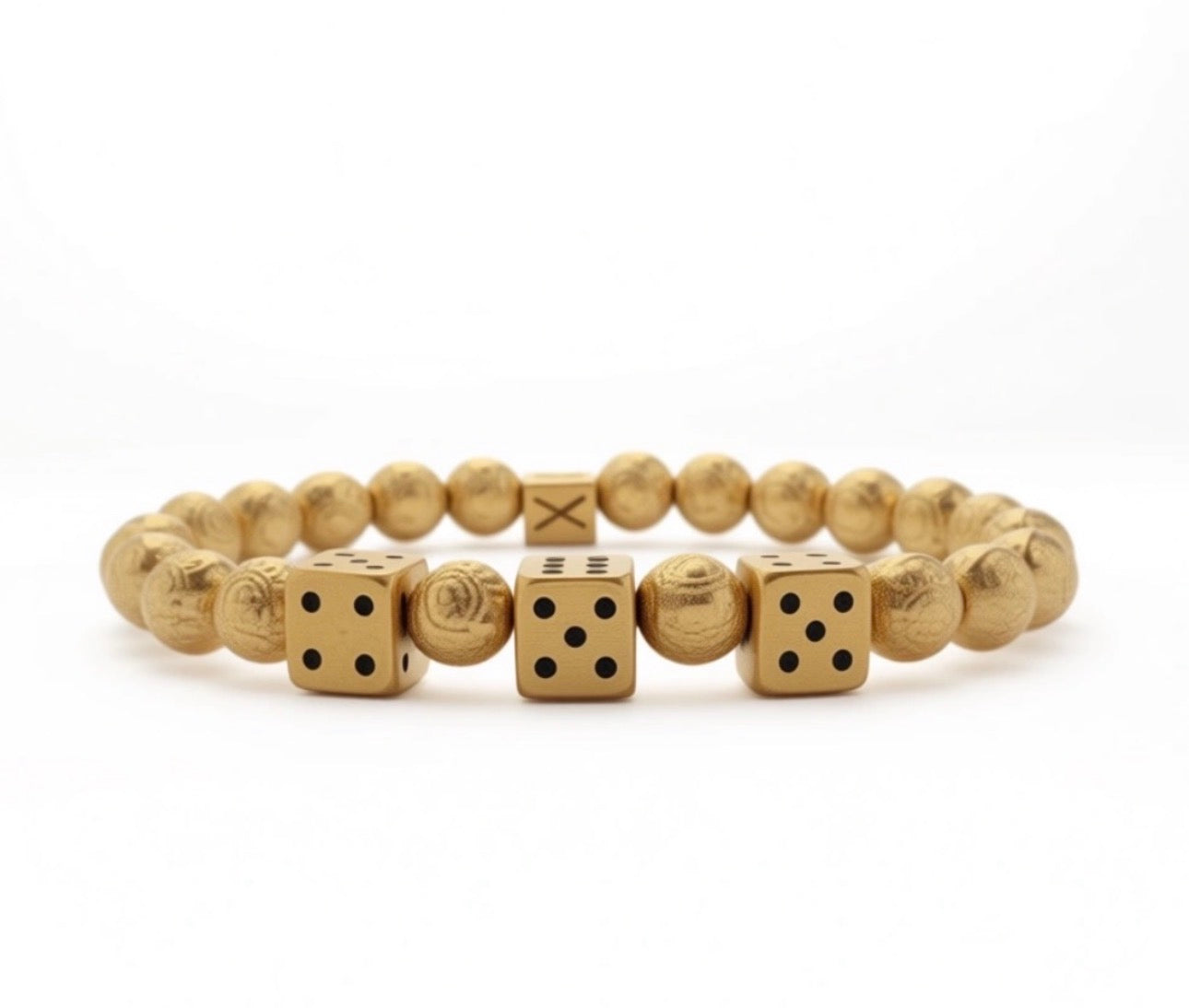 Limited Edition - Alea Aurea Lux bracelet featuring goldleaf beads and three gold dice with black dots, a handcrafted luxury jewelry piece by Atelier X.