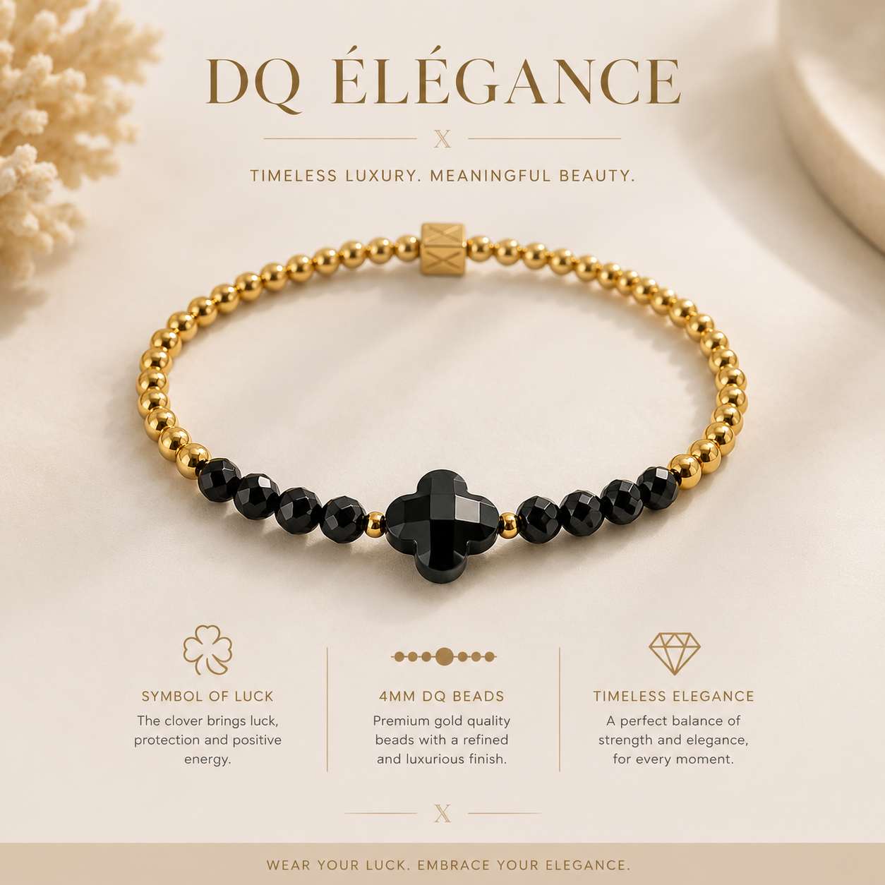 Elegant XX Élégance - Midnight Clover bracelet featuring black clover-shaped bead and polished gold beads, symbolizing luck and timeless luxury handcrafted with premium quality DQ beads.