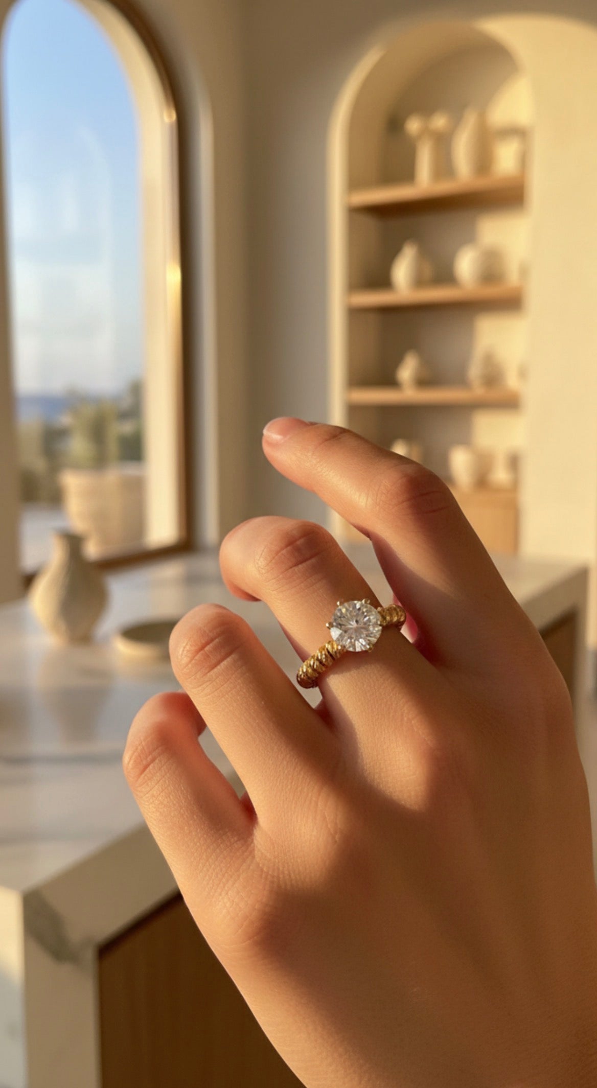 Hand wearing RING - Golden Radiance featuring a large sparkling stone set on a textured gold band, with soft natural light and elegant interior background.