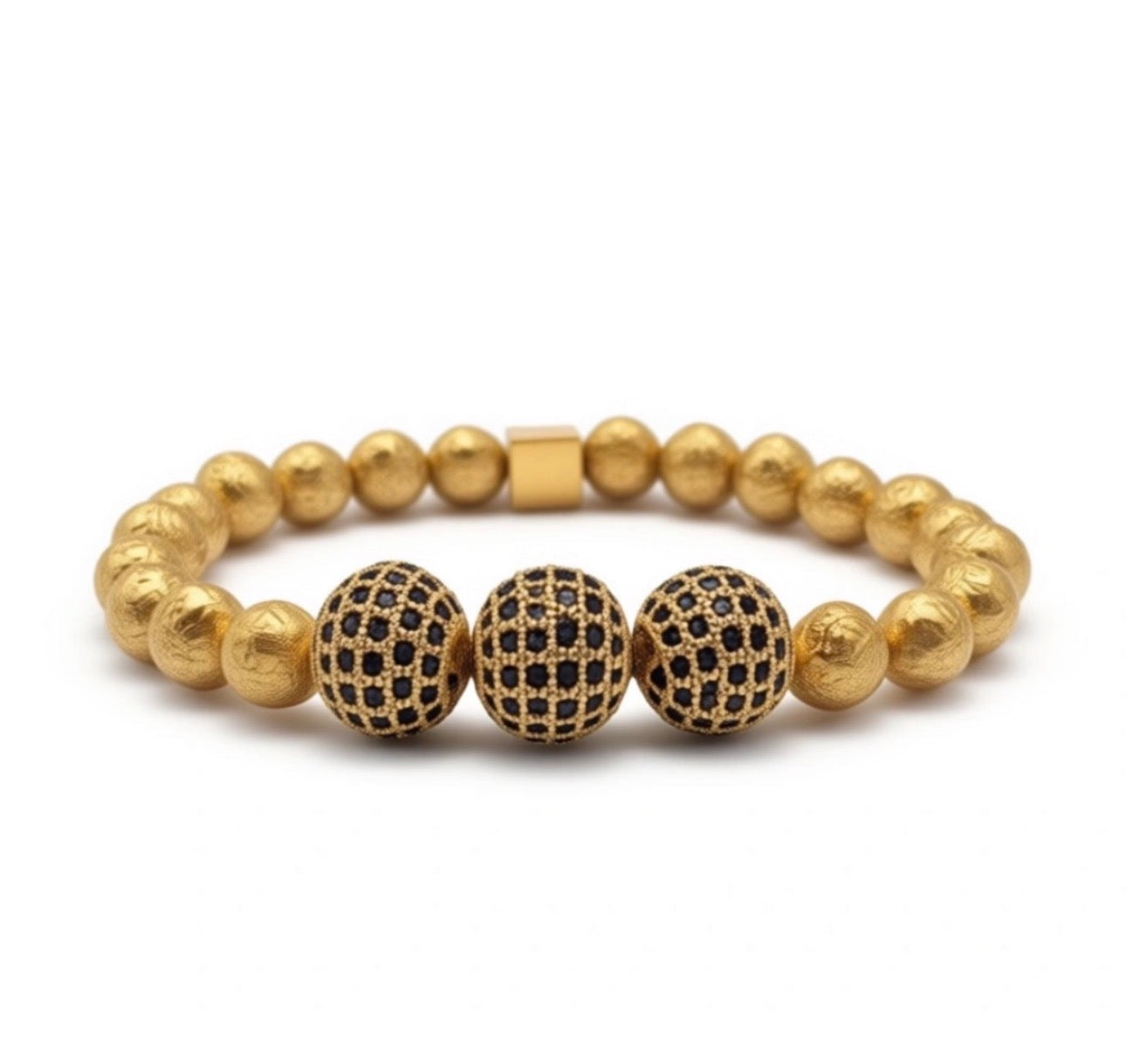 Limited Edition- Aurea Nox Imperium features a handcrafted gold bead bracelet with three central beads adorned in black and gold intricate lattice patterns, embodying luxury jewelry design.