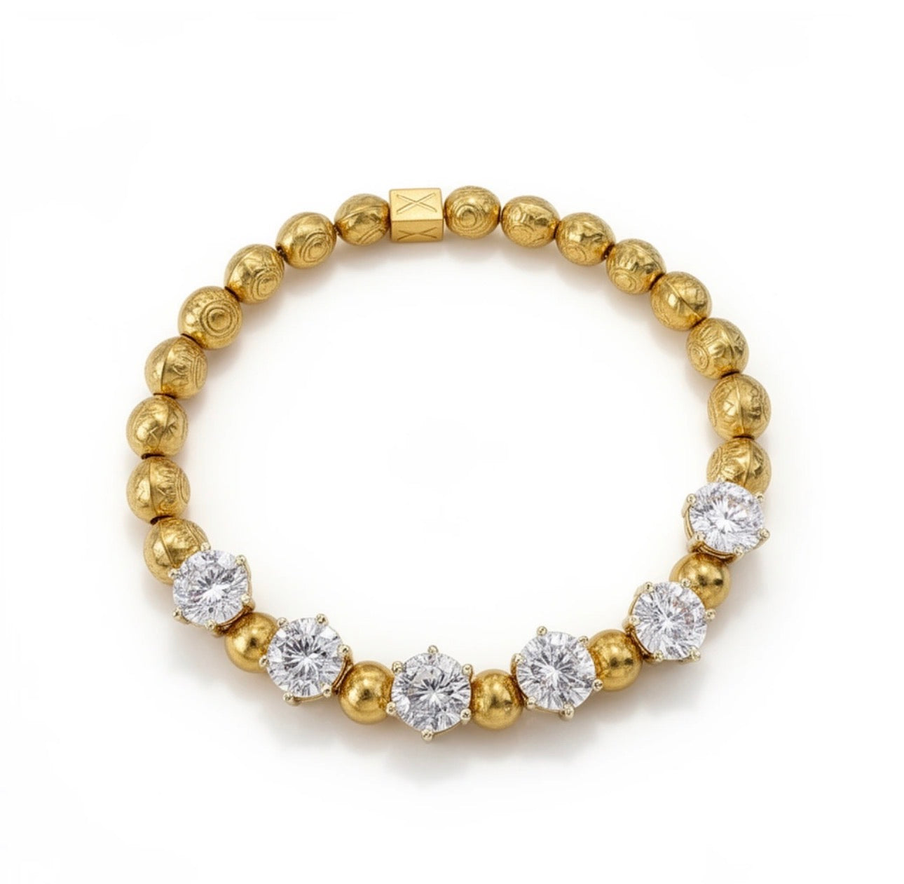 Limited Edition - Aurea Lux bracelet featuring gold beads with intricate detailing and sparkling clear stones arranged in a balanced, elegant design.